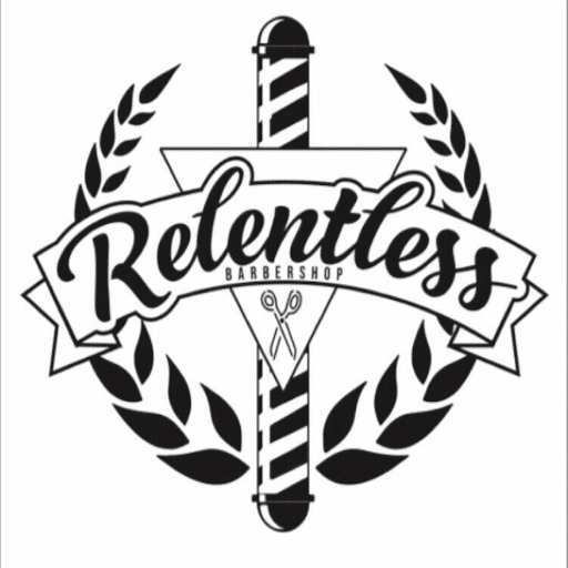 Black and white logo for "Relentless Barbers" featuring a barber pole, laurel wreaths, and scissors; perfect for any barbershop website.