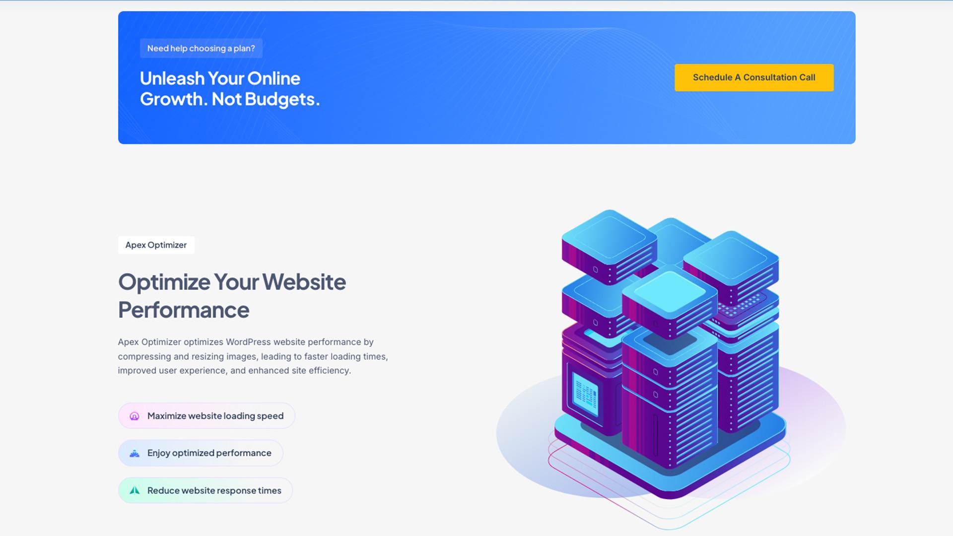 A webpage with a blue and yellow banner offering a consultation call and promoting a service called "Apex Optimizer" to enhance website performance through image resizing, minimized loading speed, and seamless integration with Managed Hosting.