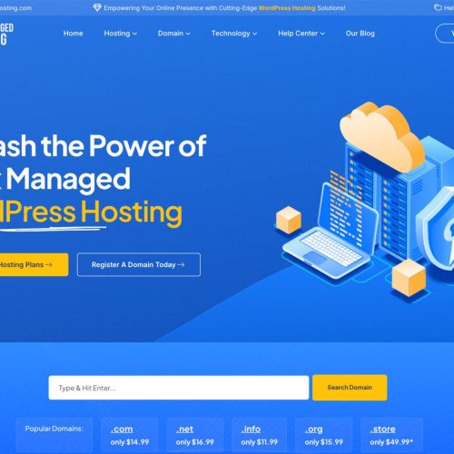 Apex Managed Hosting website homepage featuring options to check hosting plans, register a domain, search for domains, and view their managed WordPress hosting services.