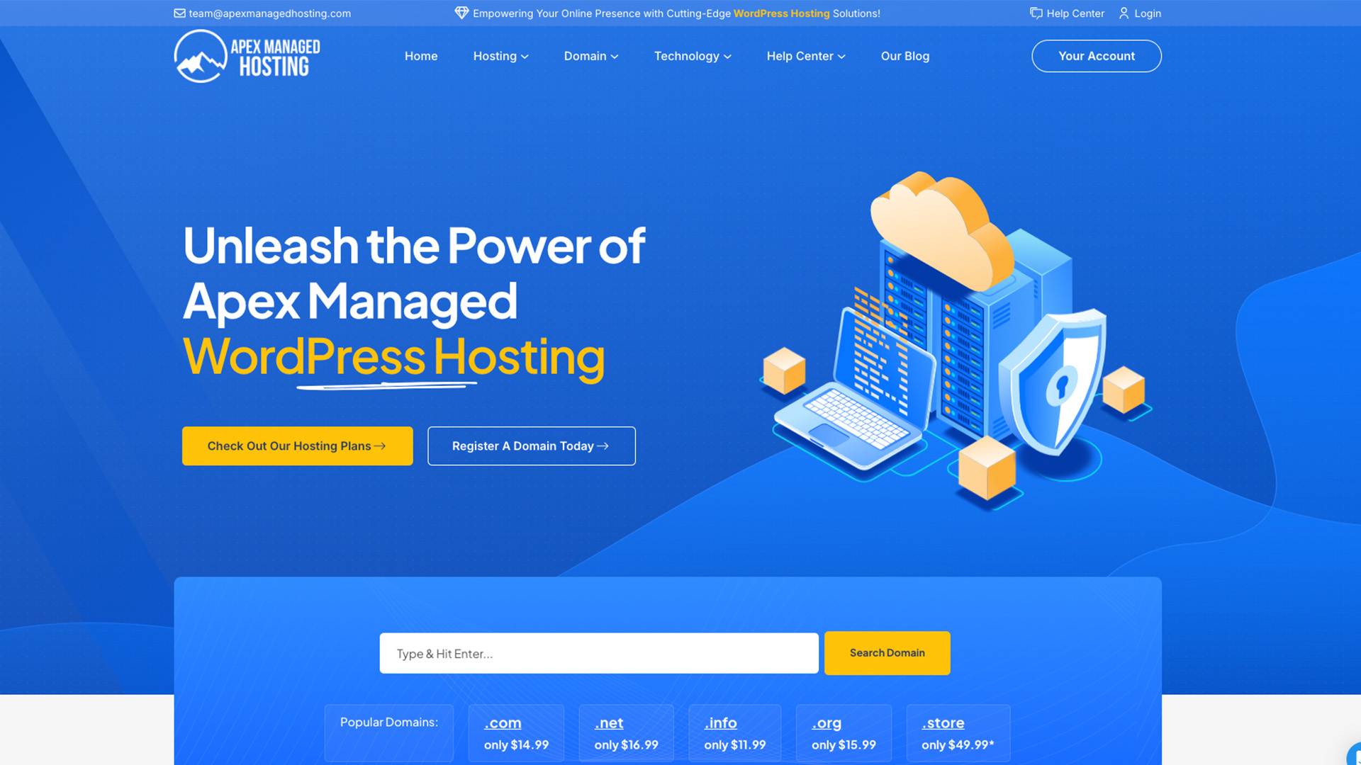 Apex Managed Hosting website homepage featuring options to check hosting plans, register a domain, search for domains, and view their managed WordPress hosting services.